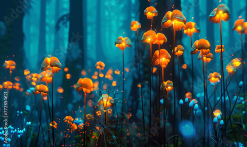 A fantasy forest is aglow with luminescent mushrooms, detailed figures, and a mix of dark cyan and orange. photo