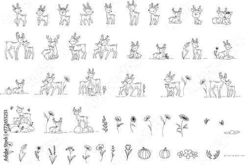 Big set deer animal cartoon with flower floral hand drawn,doodle,line art style Cute cartoon funny character. Pet collection. Flat design Baby background.vector illustration © artdee2554
