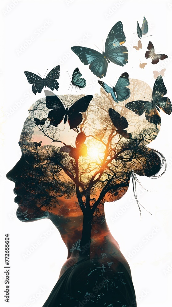 Mental health on a woman profile and butterflies - obrazy, fototapety, plakaty 