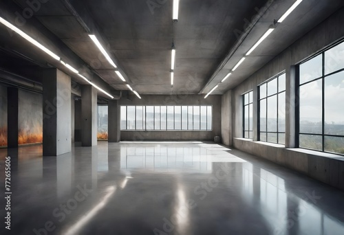 Minimalist room featuring windows and a polished concrete surface  Large empty interior with windows and industrial flooring  Spacious room with natural light and concrete floor.