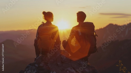 Two hikers sit atop a mountain peak gazing at the beautiful sunset behind them. posture exudes a sense of accomplishment and . .