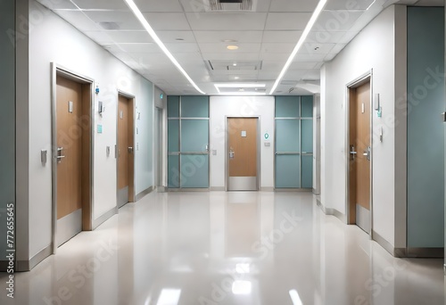 Soft blue walls and doors line the hospital hallway, Calm and serene hallway interior in a hospital setting, A soothing blue color scheme fills the hospital corridor.