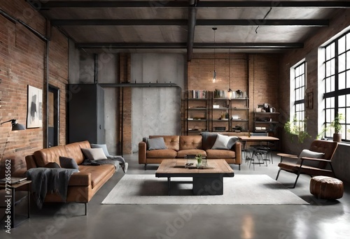 Brown leather sofa and armchair in an industrial living room, Modern industrial décor featuring brown leather furniture, Stylish living space with industrial vibes and leather seating.