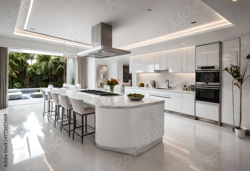 Bright kitchen space with central island and stylish seating, Contemporary white kitchen featuring a chic island and trendy bar stools, Minimalist white kitchen showcasing a center island.