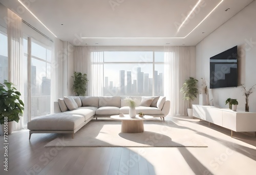 Chic living space with panoramic cityscape, Sleek white interior with urban view, Modern living room with white furniture overlooking city skyline.