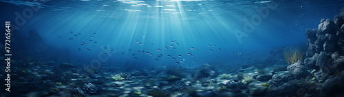 Tranquil Undersea Landscape with Sunlight and Fish School