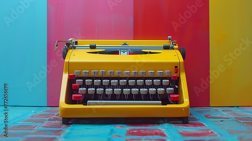 A retro typewriter set against a colorful background, invoking nostalgia and the enduring appeal of analog technology in a digital age, vibrant
