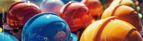 Multicolored safety construction worker helmets underscoring the teamwork and quality needed in the construction industry, Prime Lenses