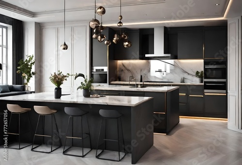 Sleek black cabinets contrast with elegant marble countertops in a modern kitchen, Chic kitchen with black cabinetry and stunning marble countertops, A stylish kitchen with black cabinets.