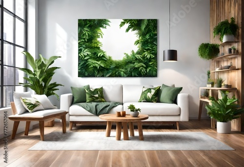 Vibrant living room with green plant wall décor, Modern interior with nature-inspired plant wall, Relaxing space with botanical wall accents.