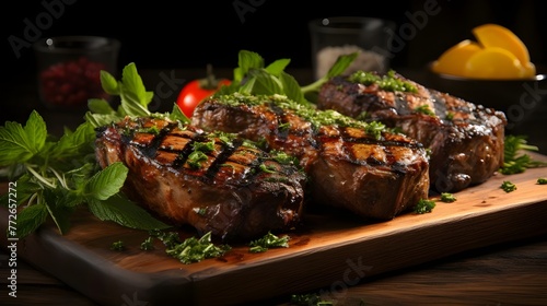 A wooden cutting board with steaks and vegetables on it. Food Preparation on Wooden Board