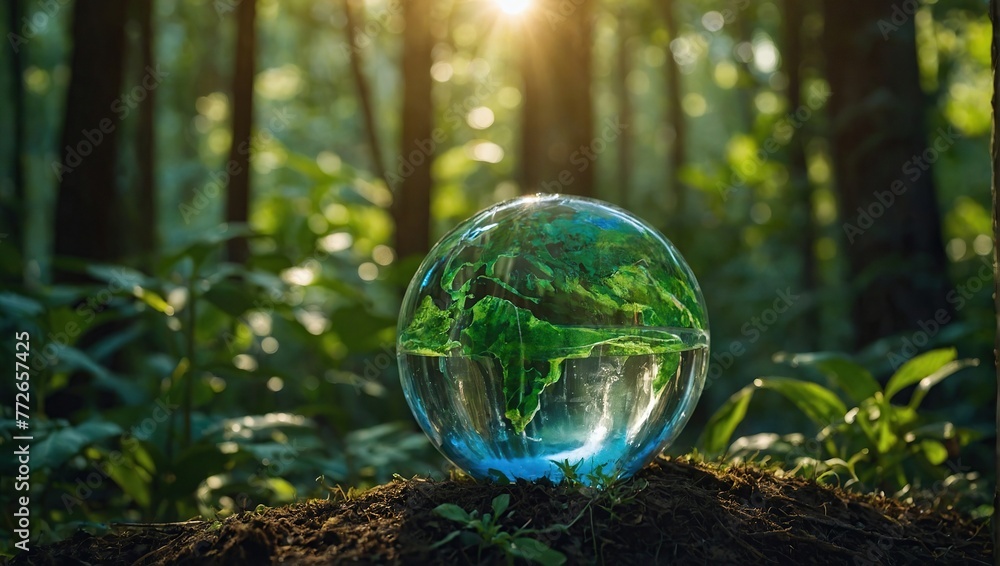 Globe Glass with save water icons In Green Forest With Sunlight, water day environment day, earth day, global warming day Globe Glass with save water icons In Green Forest With Sunlight, water day environment day, earth day, global warming day