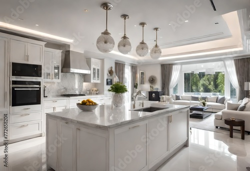 Sleek white kitchen featuring a center island, Bright and airy kitchen with island, Spacious kitchen with white cabinets and island.