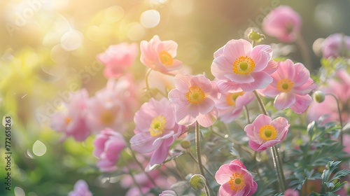 Floral delicate natural background. Lots of pink Chinese or Japanese anemone flowers in nature in sunlight with soft focus. Filled full frame picture.