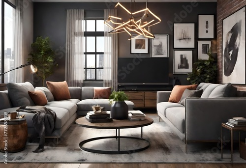 Stylish grey furniture and elegant coffee table in living area, Minimalist grey décor in contemporary living space, Sleek grey couches and coffee table in modern living room. photo