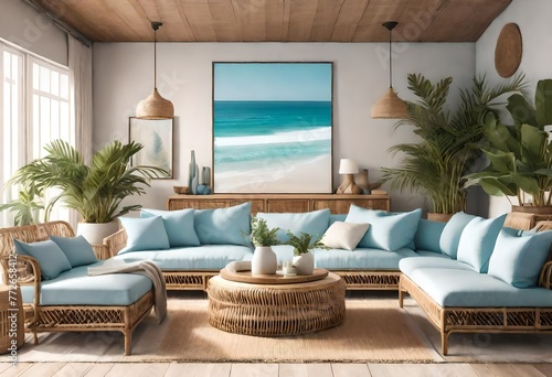 Relaxing living room with wicker furniture and ocean view  Coastal vibes with wicker furniture and ocean painting  Wicker furniture in a living room with ocean painting.