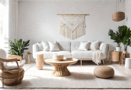 Minimalist white living room with sleek couch and fluffy rug, Serene white interior with cozy sofa and plush carpet, Bright white lounge area featuring elegant sofa and soft rug.