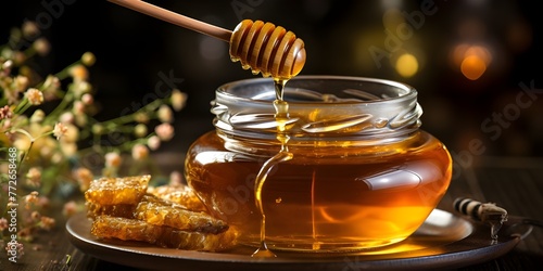 Vertical closeup honey flows from wooden stick to jar, highlighting natural purity Vertical . Pure Honey Flow Vertical Closeup Shot