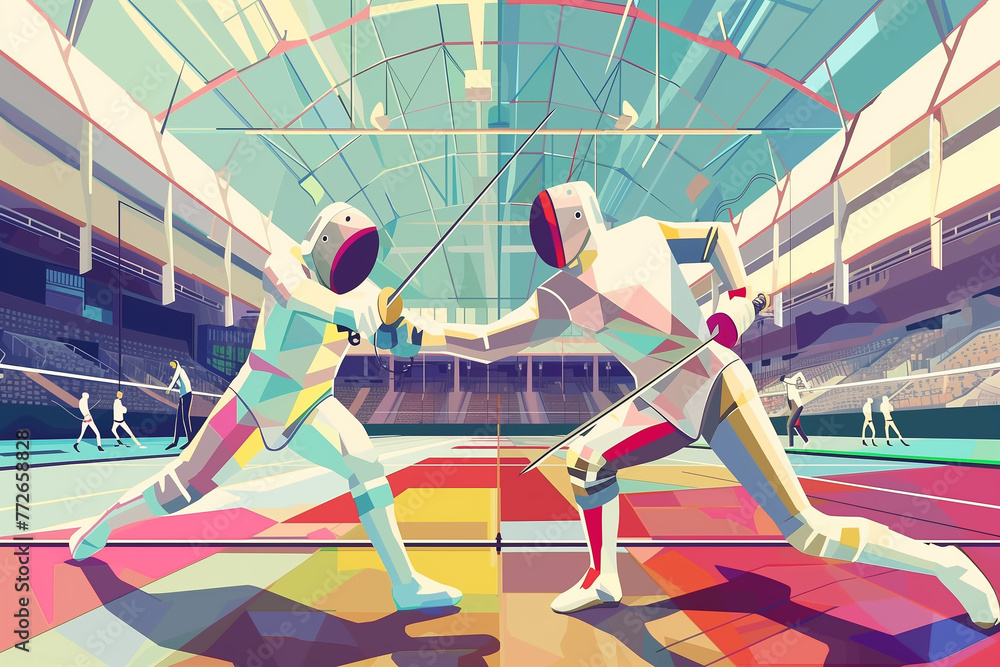 Fencing combat sport. Fencing athletes dueling with swords in ...