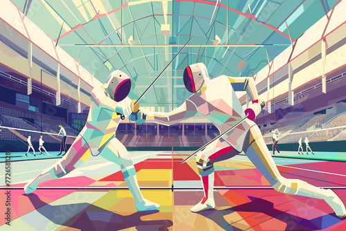 Fencing combat sport. Fencing athletes dueling with swords in competition. Art modern design Grainy gradients. generative ai photo