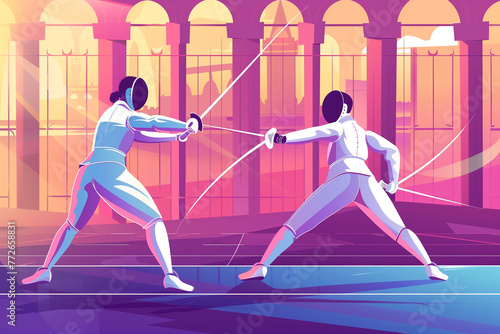 Fencing combat sport. Fencing athletes dueling with swords in competition. Art modern design Grainy gradients. generative ai