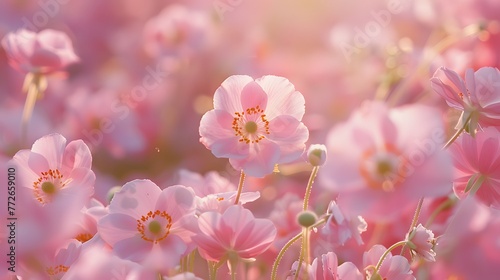 Floral delicate natural background. Lots of pink Chinese or Japanese anemone flowers in nature in sunlight with soft focus. Filled full frame picture.