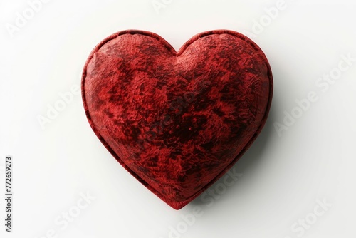Realistic 3D red velvet heart isolated on white background, love and romance symbol render