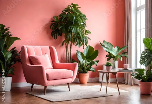 Serene pink room with botanical accents, Vibrant pink décor with lush greenery Pink living room with plants and a cozy chair. © Johnny Sins