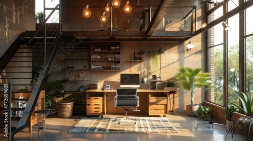 A contemporary workspace with a floating desk, sleek metal accents, and industrial-inspired decor, illuminated by warm Edison bulbs suspended from a lofty ceiling