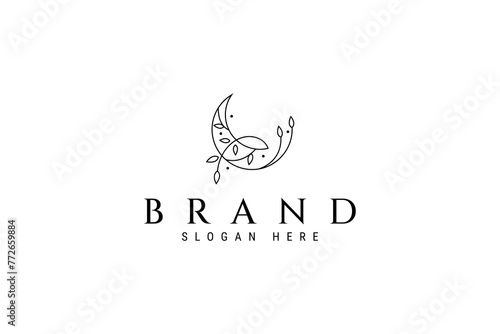 abstract crescent moon logo with plant ornament in line art illustration design style