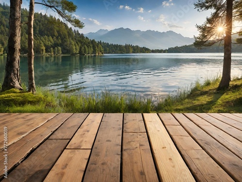 wooden pier with lake on the background