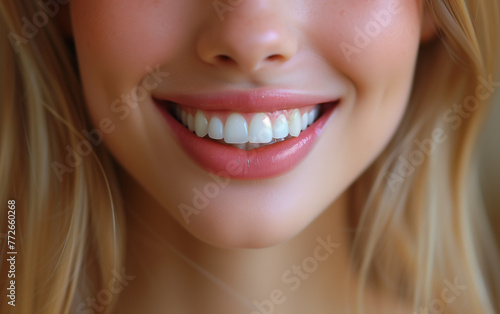 close up of a woman smiling and showing her perfect teeth. Concept for oral care, dentistry, and stomatology. 
