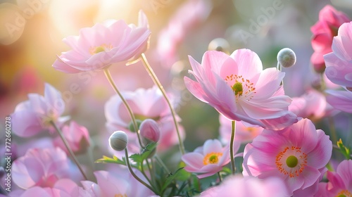 Floral delicate natural background. Lots of pink Chinese or Japanese anemone flowers in nature in sunlight with soft focus. Filled full frame picture. © Ziyan