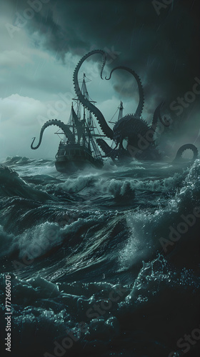 Awe-inspiring Mythical Kraken Encounter at Sea During a Thunderstorm