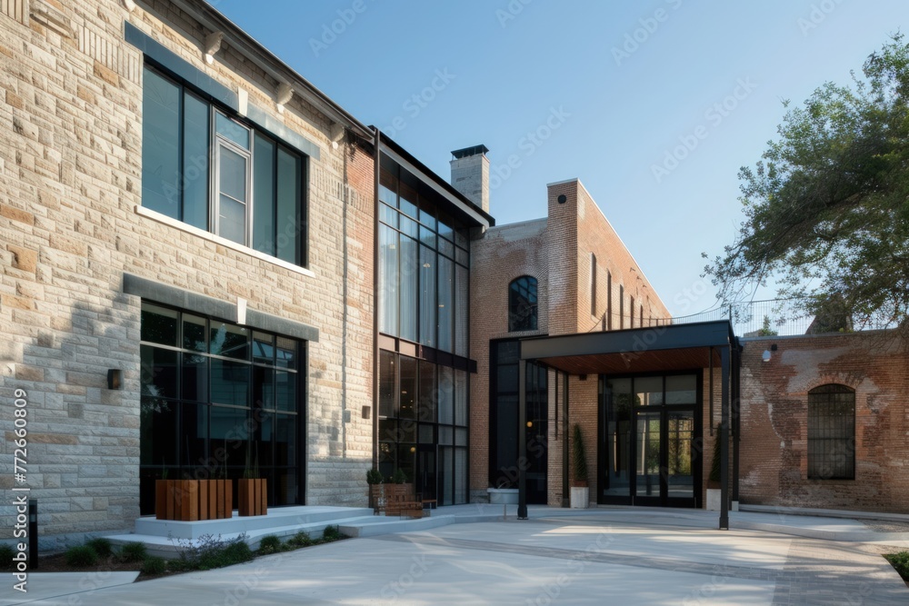 The building has a brick facade and a large glass window. The entrance is made of wood and has a black awning