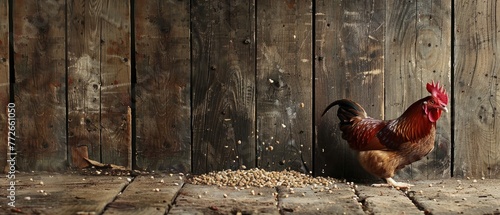 A rustic scene of a chicken pecking at grains scattered on a wooden barn floor