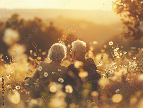 Back view of an elderly couple sitting close in a field of flowers, watching a serene sunset together in peace.