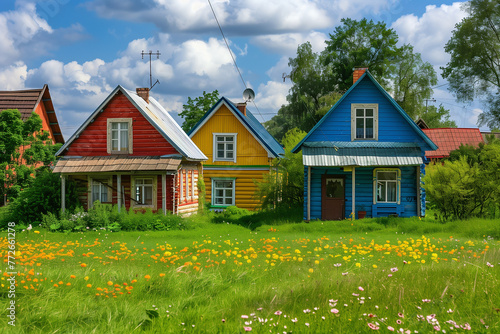 Beautiful colorful village and vibrant country houses. Spring or summer village background