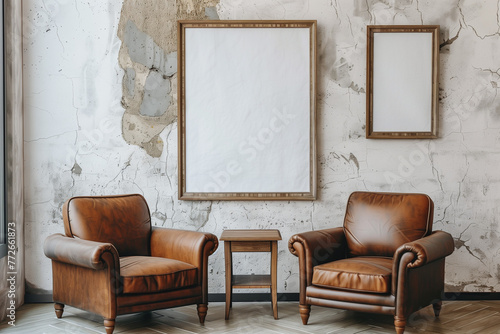 Two brown leather armchairs against stucco wall with poster frame. Mid century home interior design of modern living room. photo