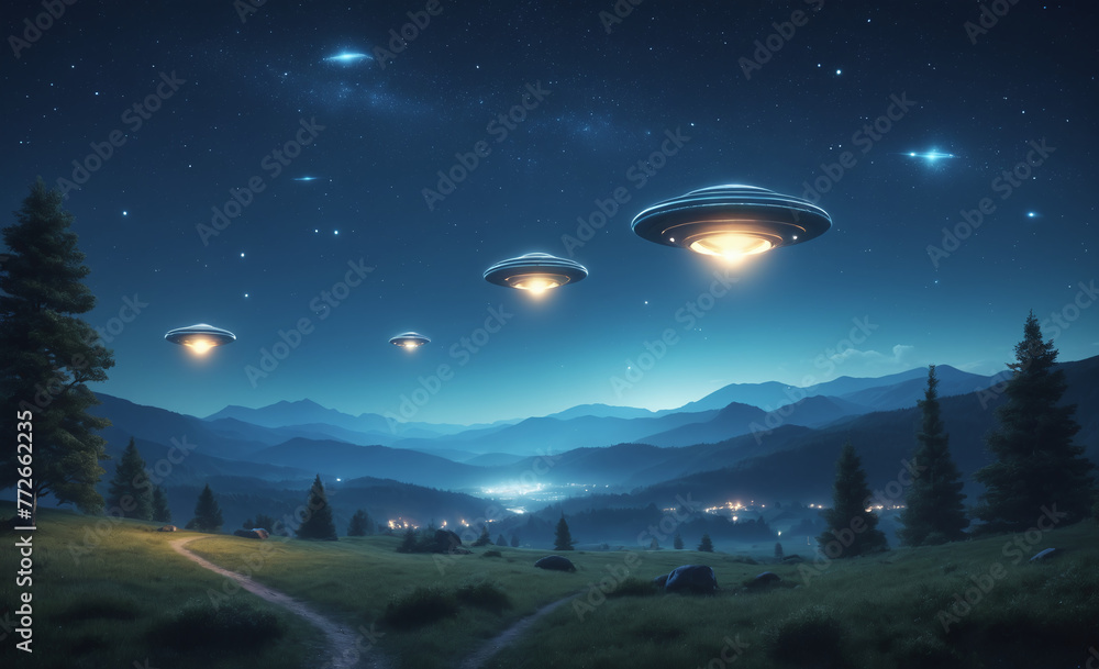 UFOs flying in the night sky. Fantasy landscape UFOs flying in the night sky. Fantasy landscape