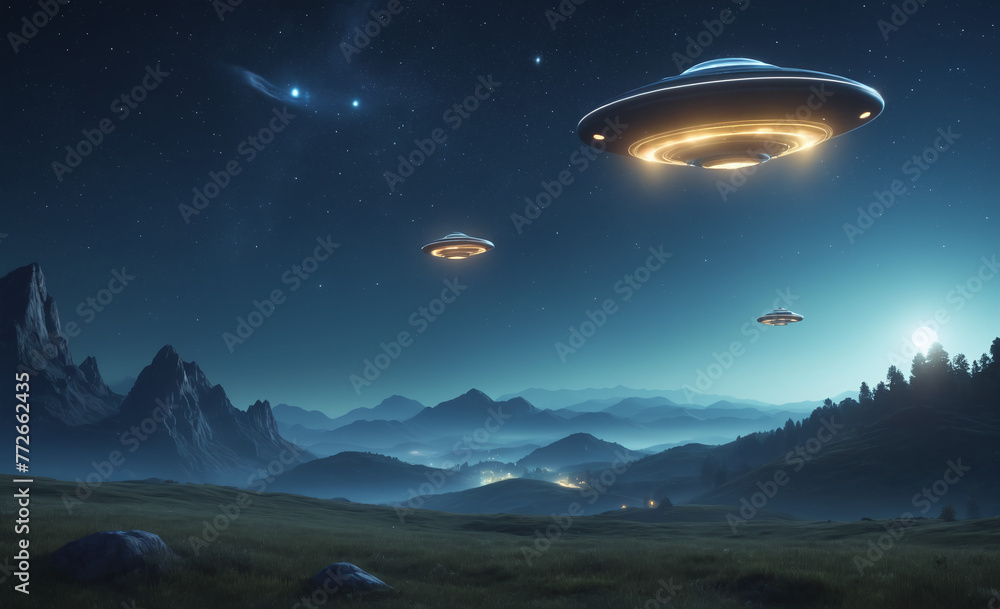 UFOs flying in the night sky. Fantasy landscape UFOs flying in the night sky. Fantasy landscape