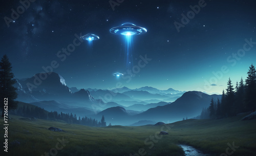 UFOs flying in the night sky. Fantasy landscape