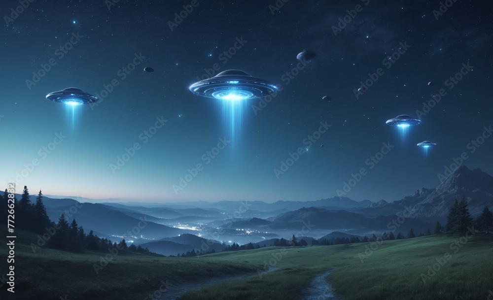 UFOs flying in the night sky. Fantasy landscape UFOs flying in the night sky. Fantasy landscape