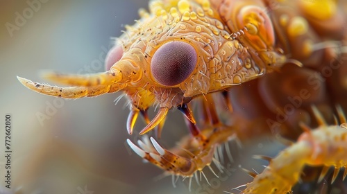 Detailed closeup of a parasitic larvaes head revealing its sharp teeth and complex mouthparts used for feeding on a host organism.