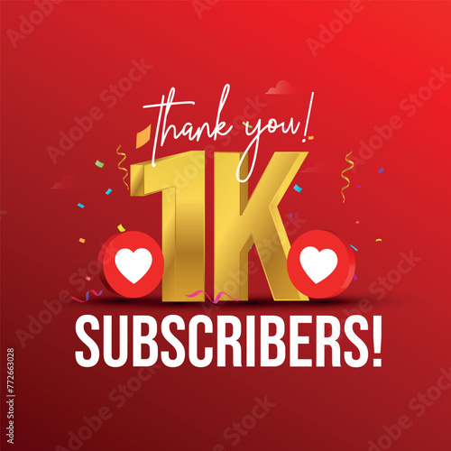 1k subscribers, followers. Thank you for 1k subscribers, followers on social media. 1000 subscribers thank you, celebration banner with heart icons, confetti on dark red background.  photo