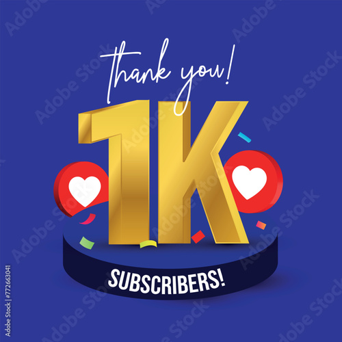 1k subscribers, followers. Thank you for 1k subscribers, followers on social media. 1000 subscribers thank you, celebration post with heart icons, confetti on purple background.