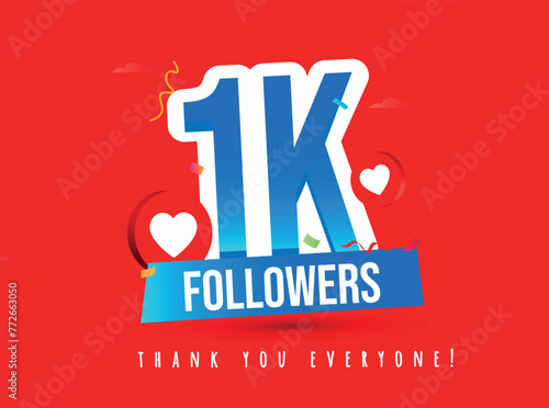 1k subscribers, followers. Thank you for 1k subscribers, followers on social media. 1000 subscribers thank you, celebration banner with heart icons, confetti on dark red background Vector
