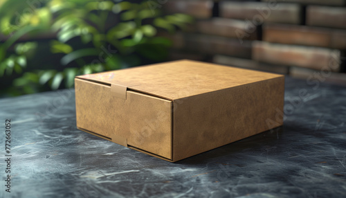 Closed cardboard box on a dark marble surface with a blurred garden background