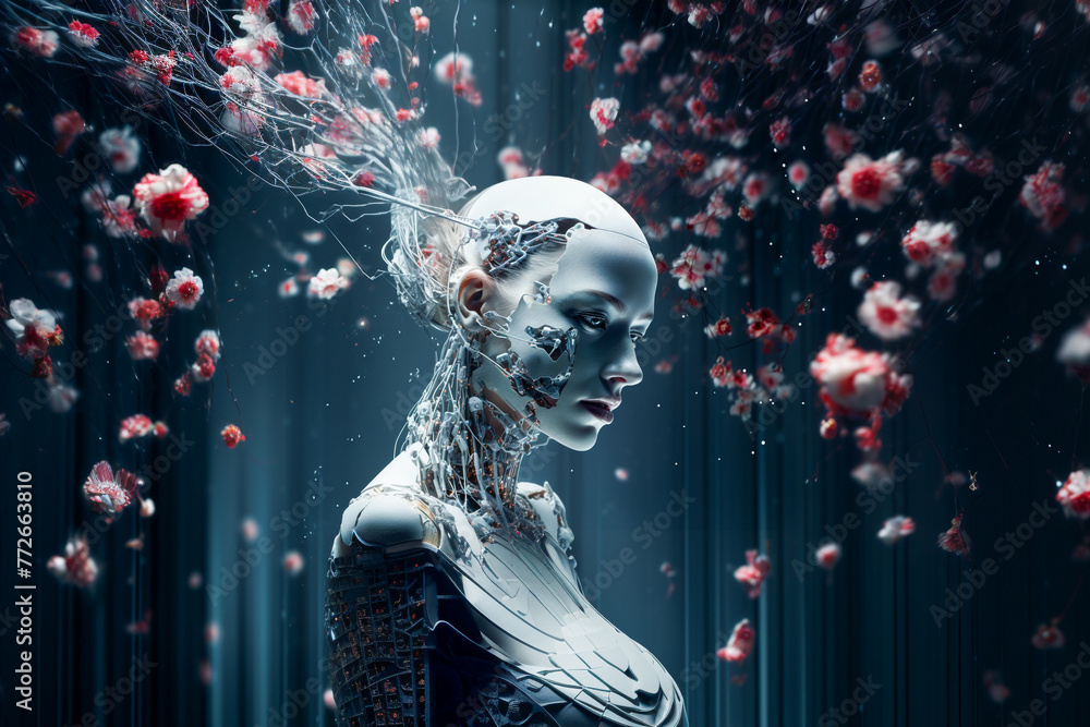A female cyborg is surrounded by flowers, illustrating the concept of artificual intelligence aspiring to be in harmony with nature A female cyborg is surrounded by flowers, illustrating the concept of artificual intelligence aspiring to be in harmony with nature