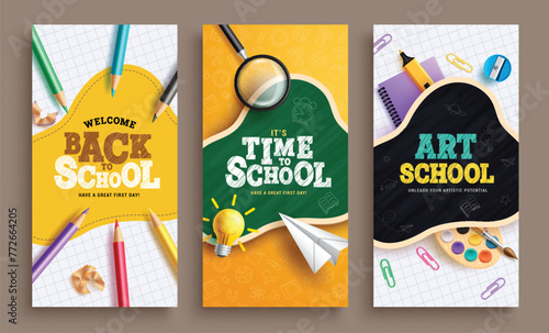 Back to school text vector poster set. Welcome back greeting, invitation and arts school lay out collection with color pencil, magnifying glass and paper clip elements. Vector illustration school 